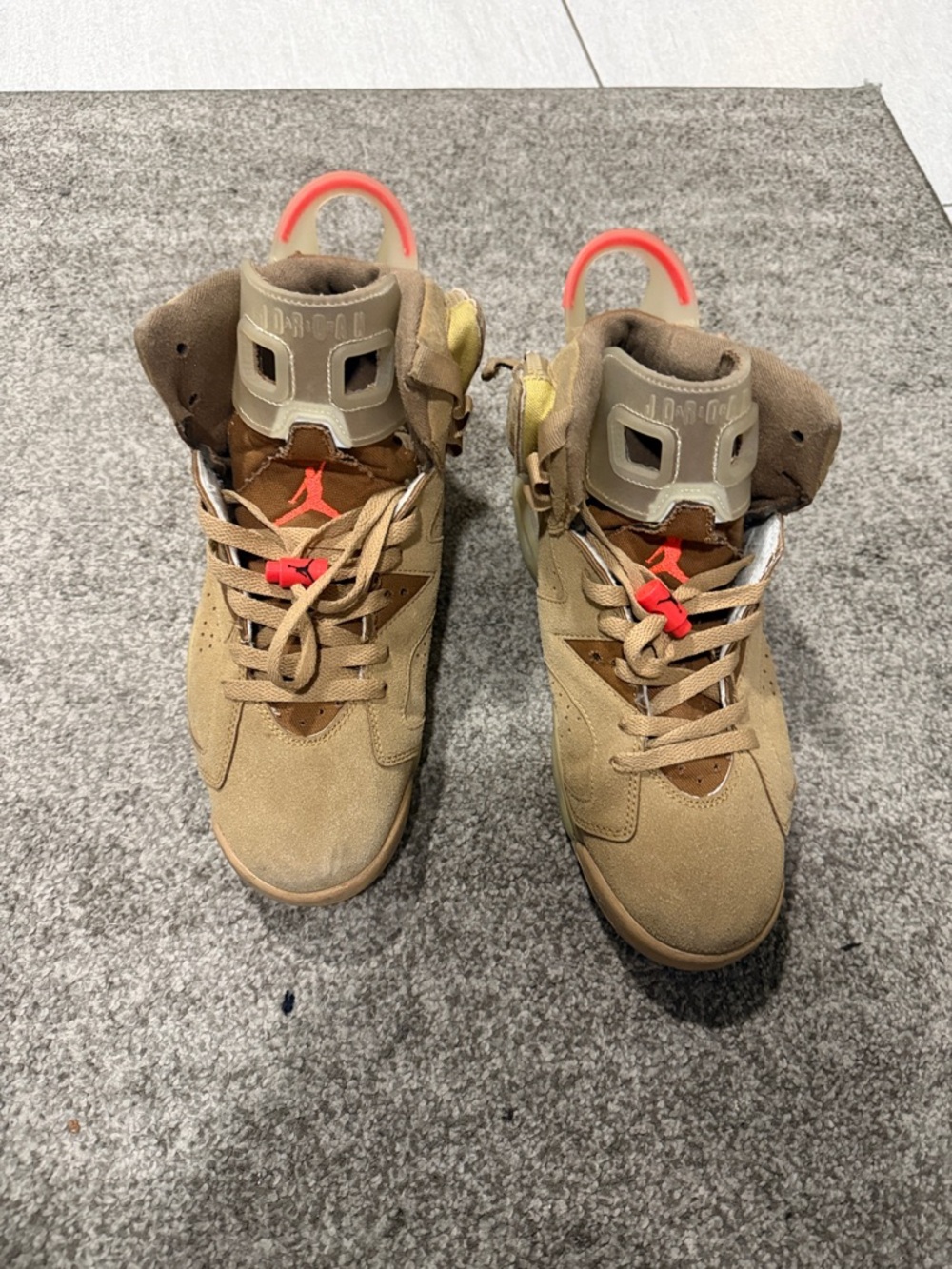 Jordan High-Top Sneakers in Tan and Brown with Orange Accents